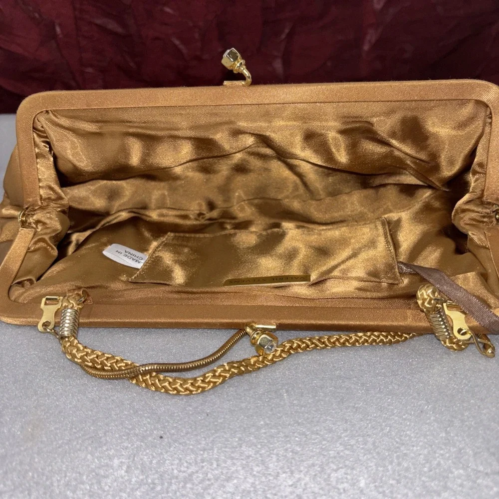 Valerie Stevens Gold Satin Duel Strap Clutch Purse Bow Rhinestone Kiss Lock EUC